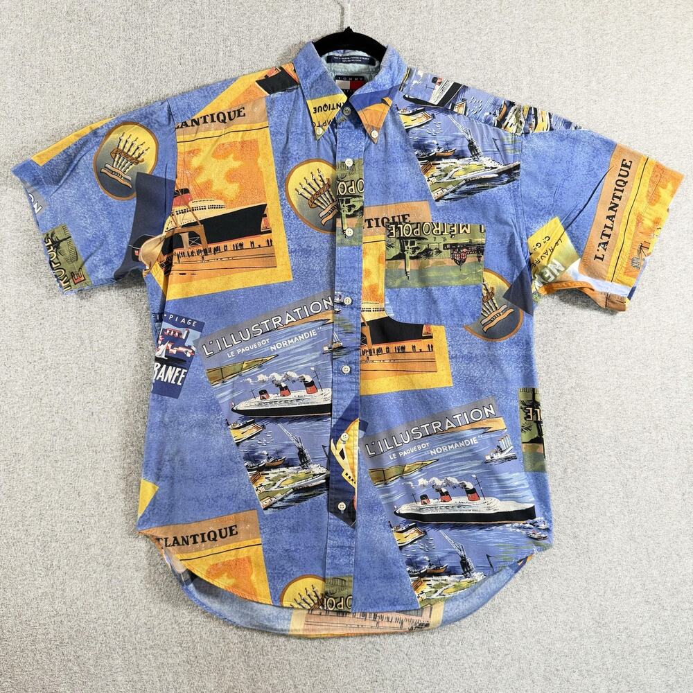 Vintage Tommy Hilfiger Shirt Mens Small Cruise Ship Stamp Button Down Retro Loud
